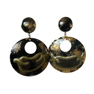 Vintage Black Enamel Pierced Hoop Earrings Unique One of Kind Bold Jewelry